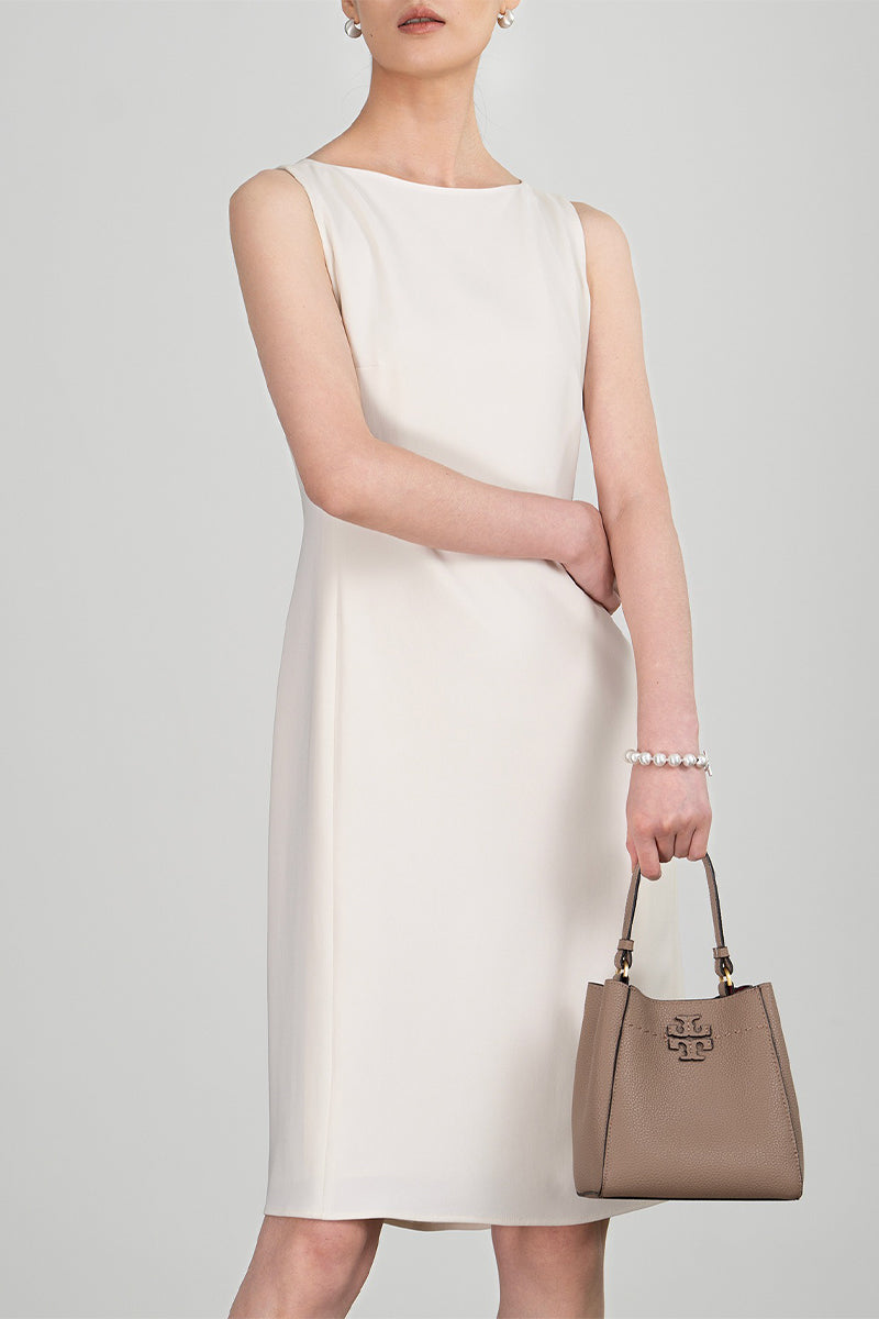 White Triacetate Sleeveless Boat Neck Midi Dress
