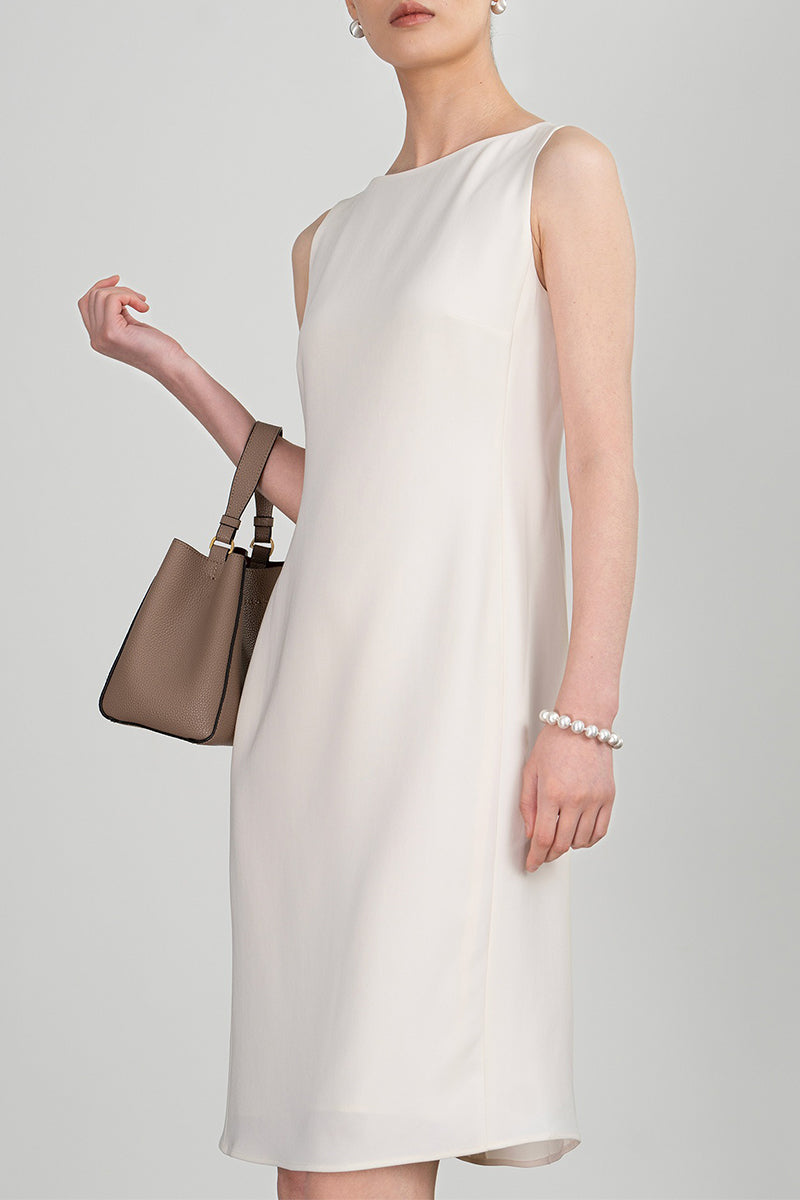 White Triacetate Sleeveless Boat Neck Midi Dress