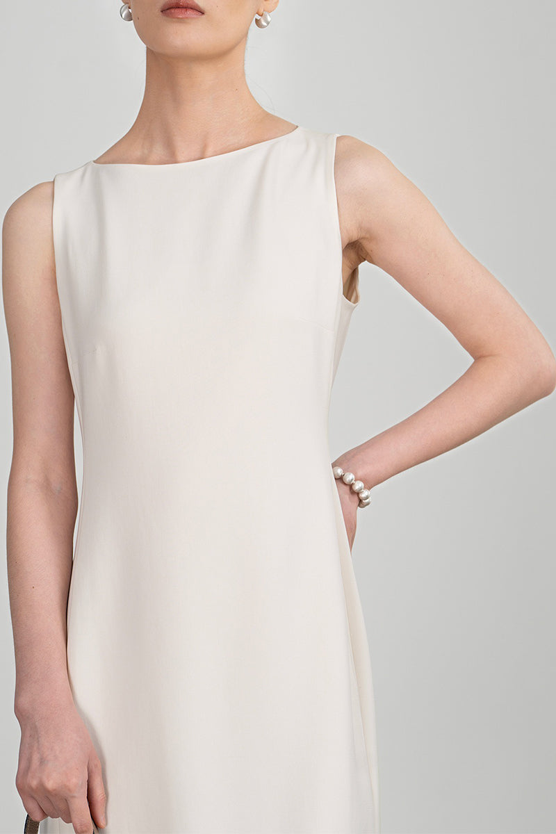 White Triacetate Sleeveless Boat Neck Midi Dress