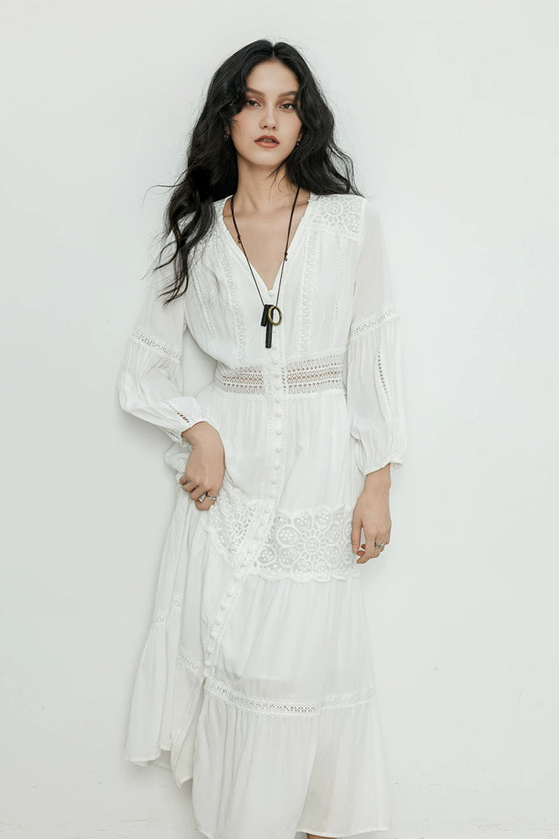 White V-Neck Lace Button-Front Maxi Dress