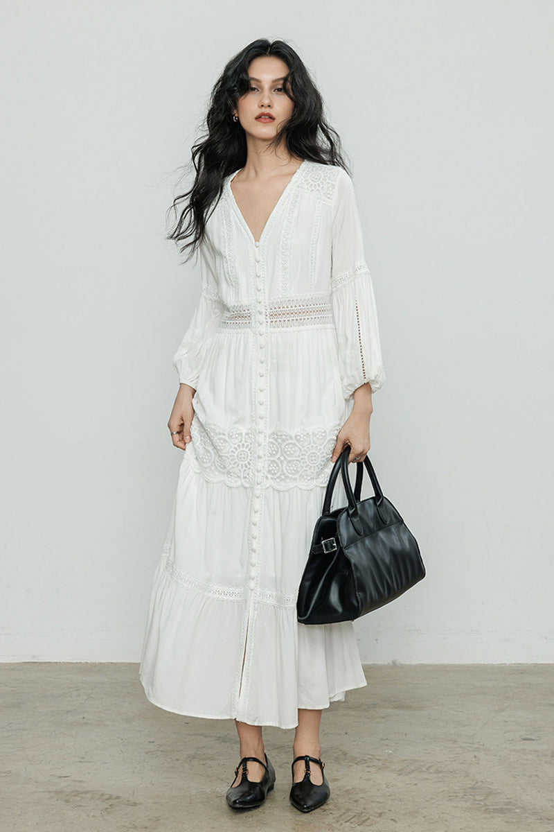 White V-Neck Lace Button-Front Maxi Dress