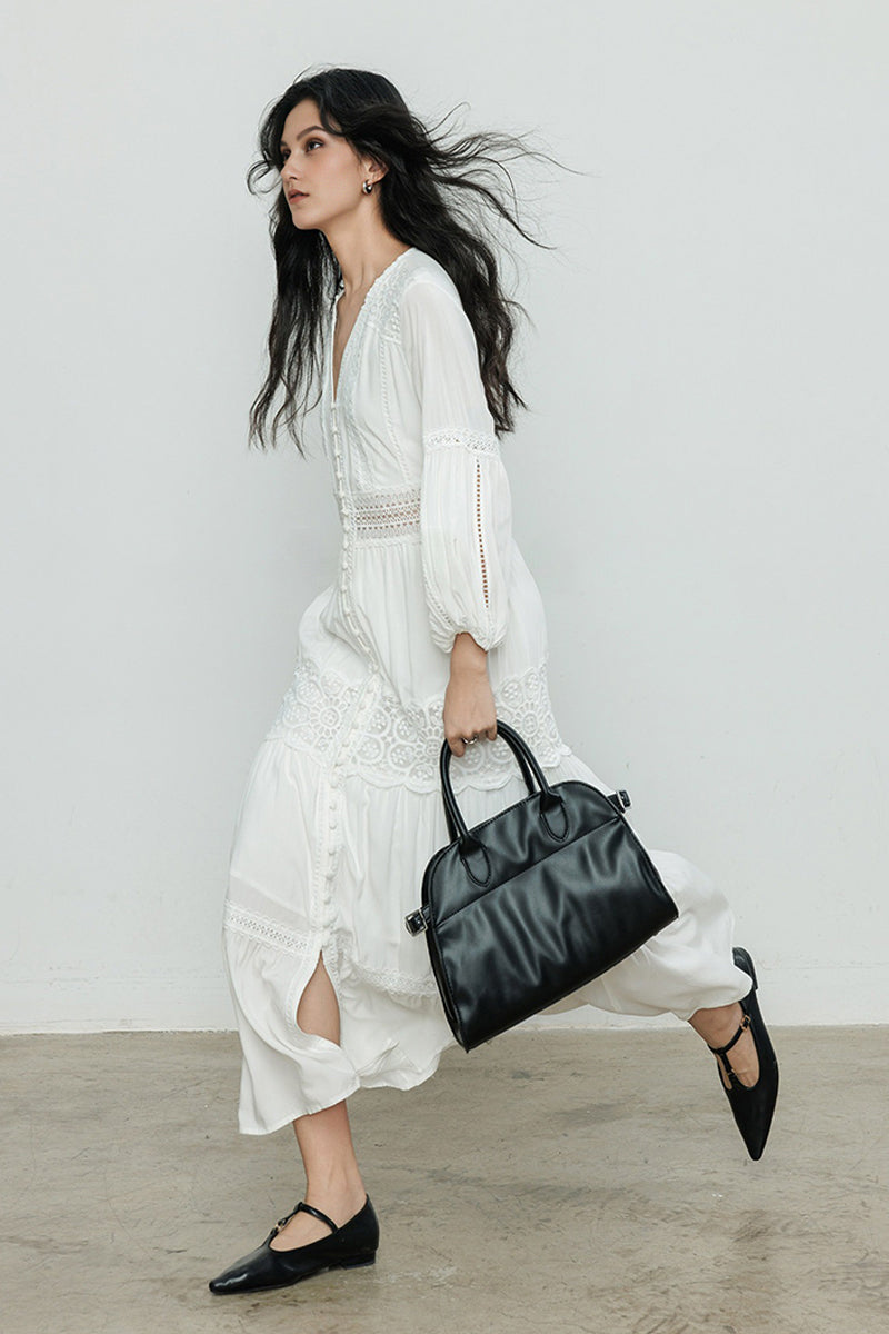 White V-Neck Lace Button-Front Maxi Dress