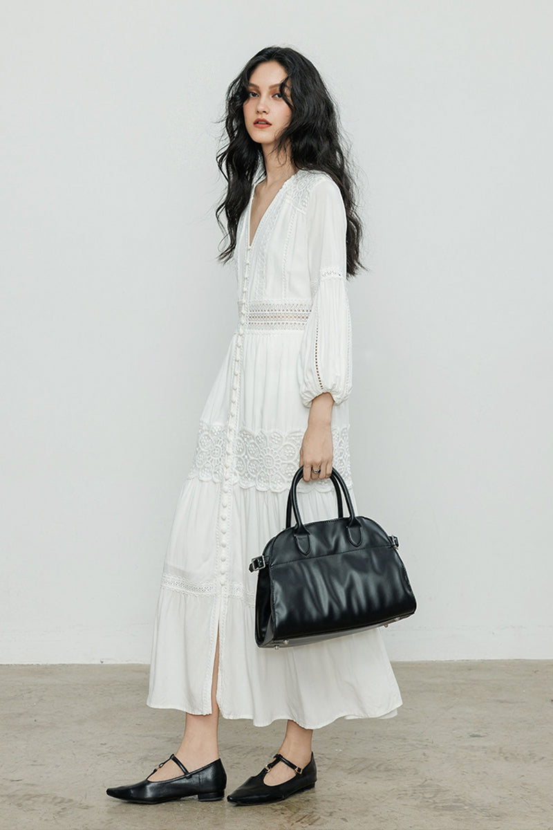 White V-Neck Lace Button-Front Maxi Dress