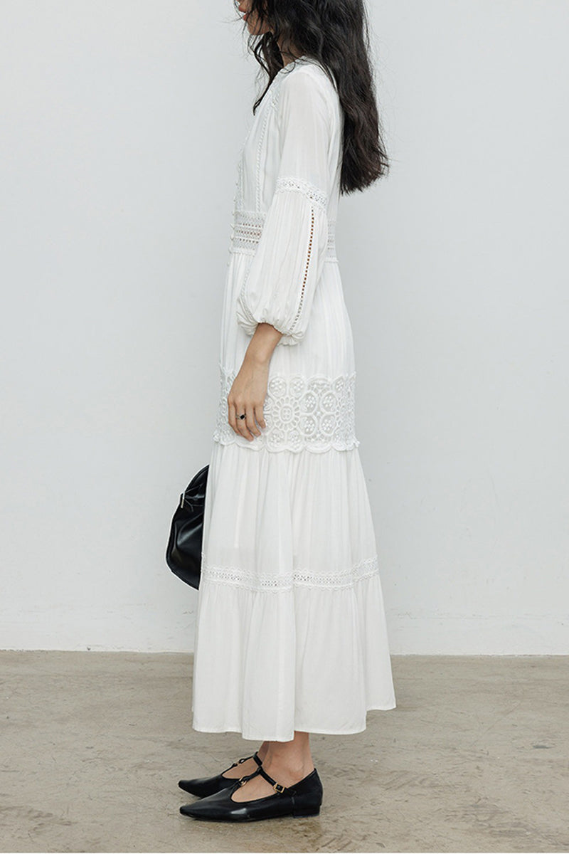 White V-Neck Lace Button-Front Maxi Dress