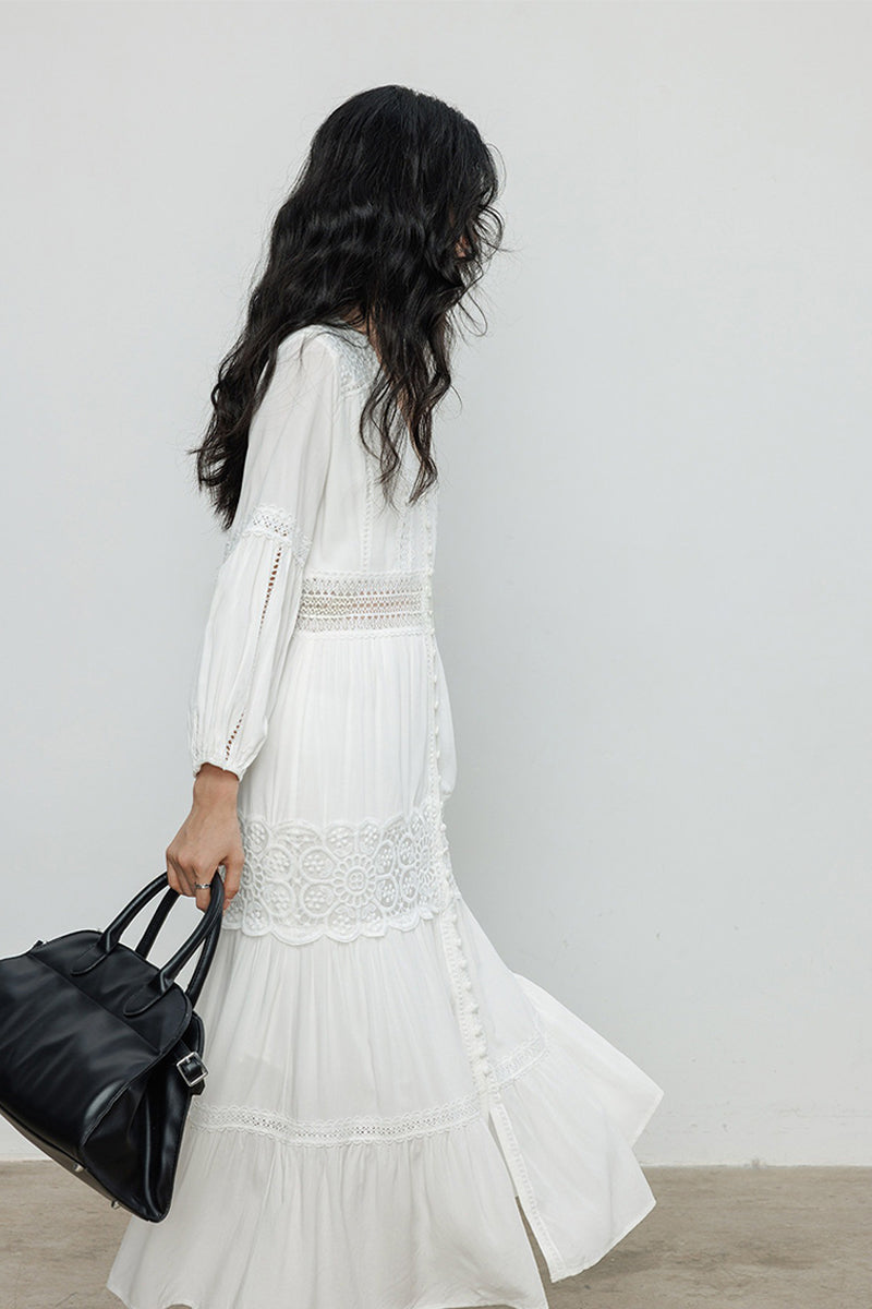 White V-Neck Lace Button-Front Maxi Dress
