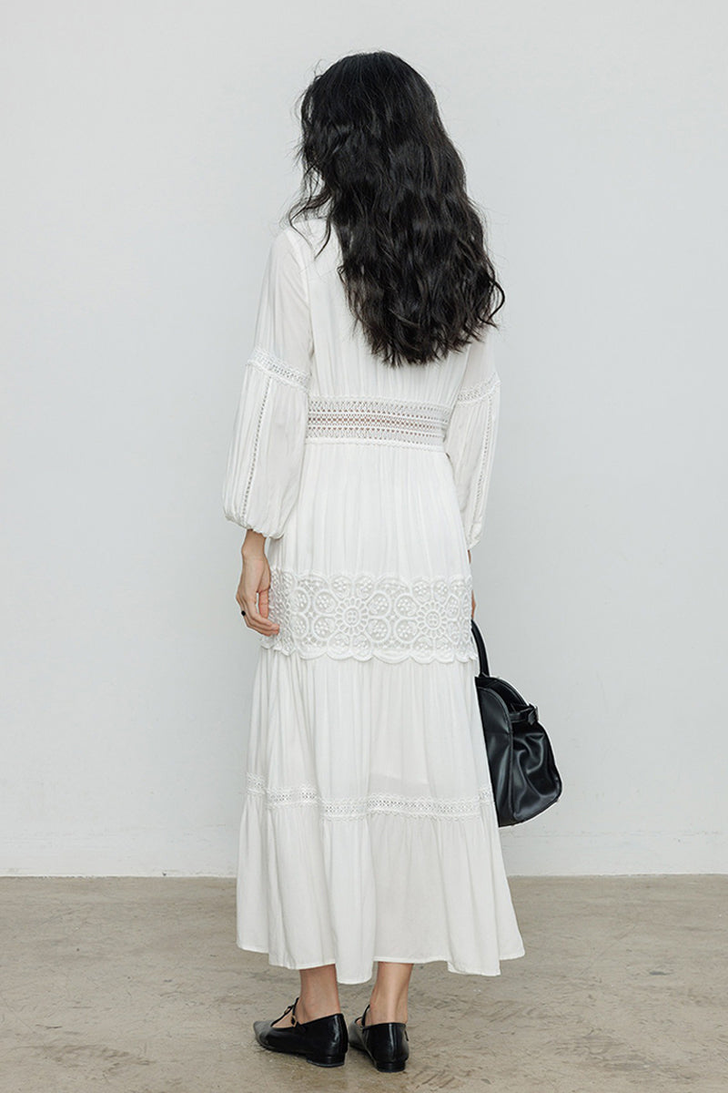 White V-Neck Lace Button-Front Maxi Dress