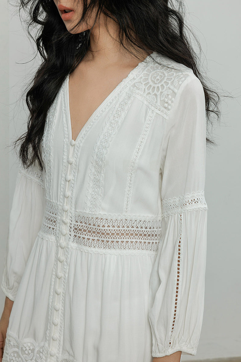 White V-Neck Lace Button-Front Maxi Dress