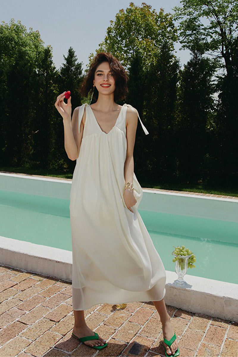 White V Neck Tie Strap Maxi Dress