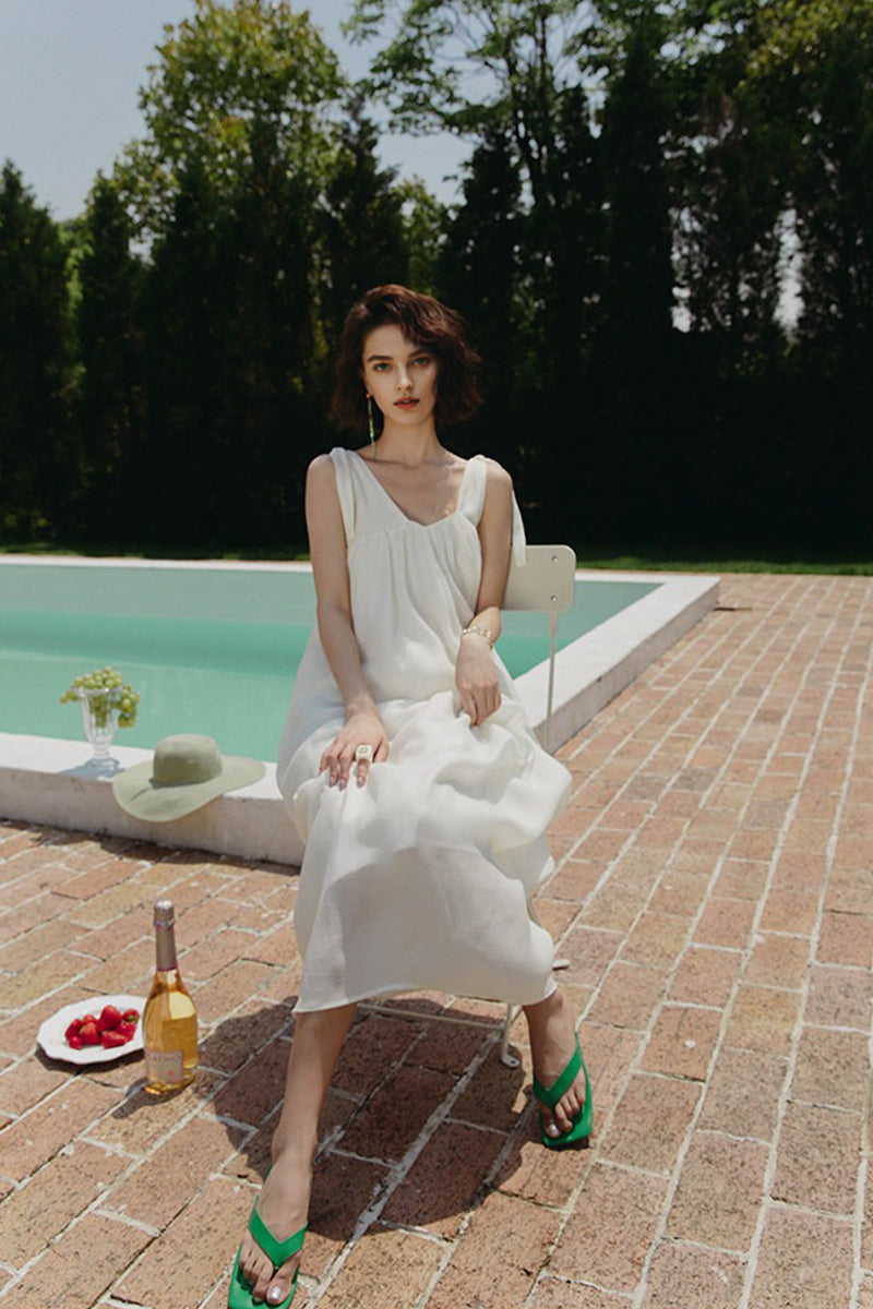 White V Neck Tie Strap Maxi Dress