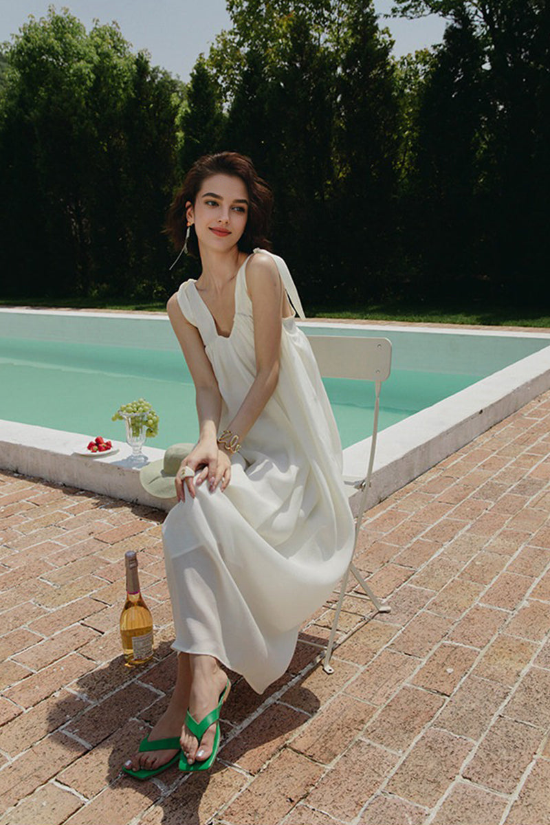 White V Neck Tie Strap Maxi Dress