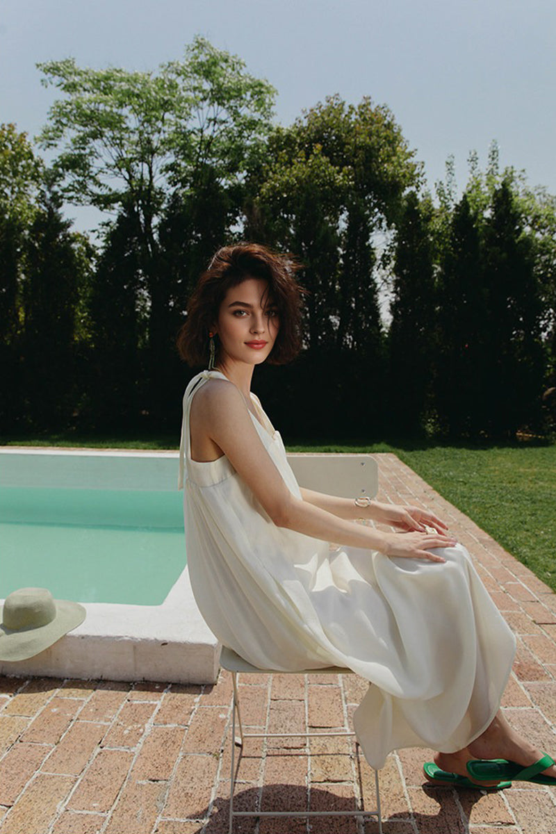 White V Neck Tie Strap Maxi Dress