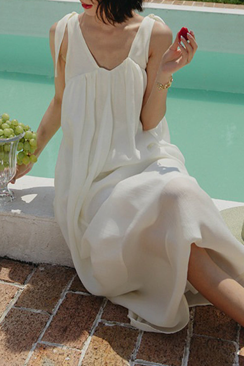 White V Neck Tie Strap Maxi Dress