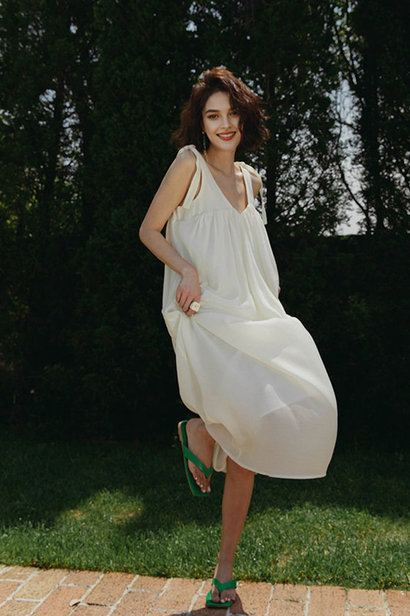 White V Neck Tie Strap Maxi Dress