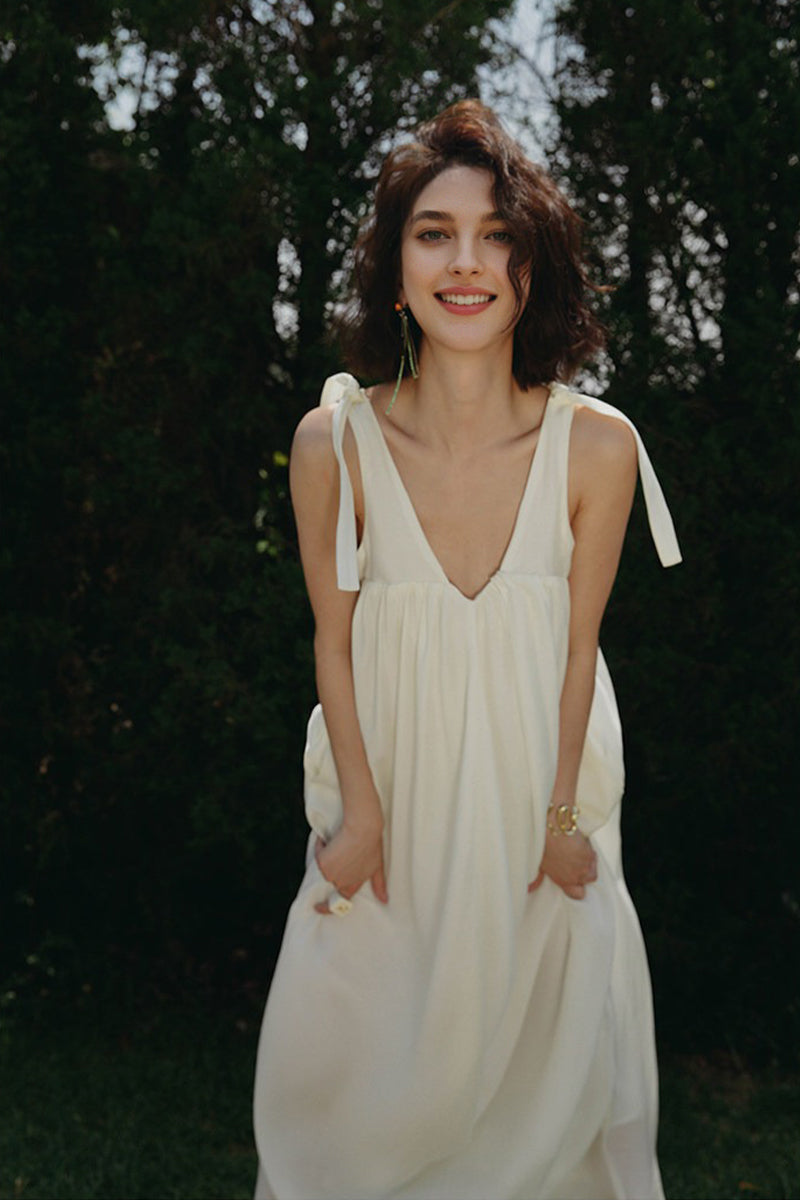 White V Neck Tie Strap Maxi Dress