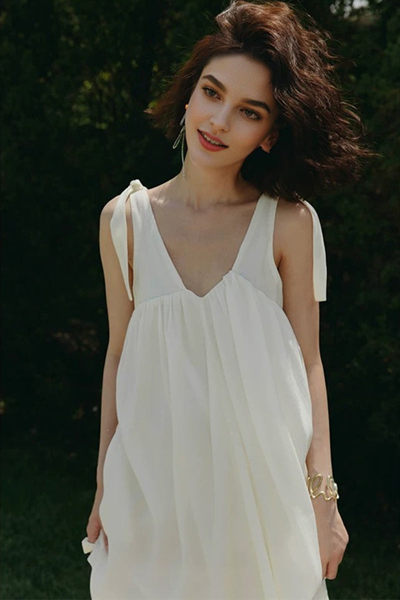 White V Neck Tie Strap Maxi Dress