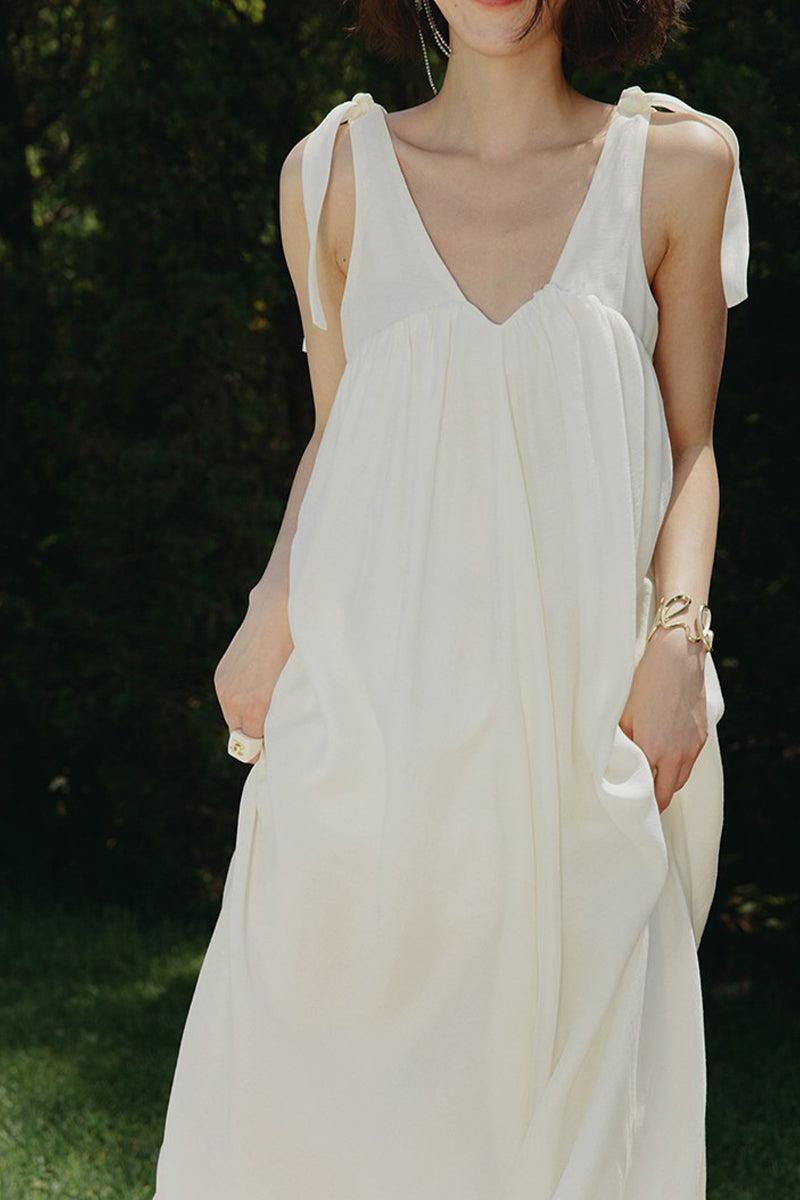 White V Neck Tie Strap Maxi Dress