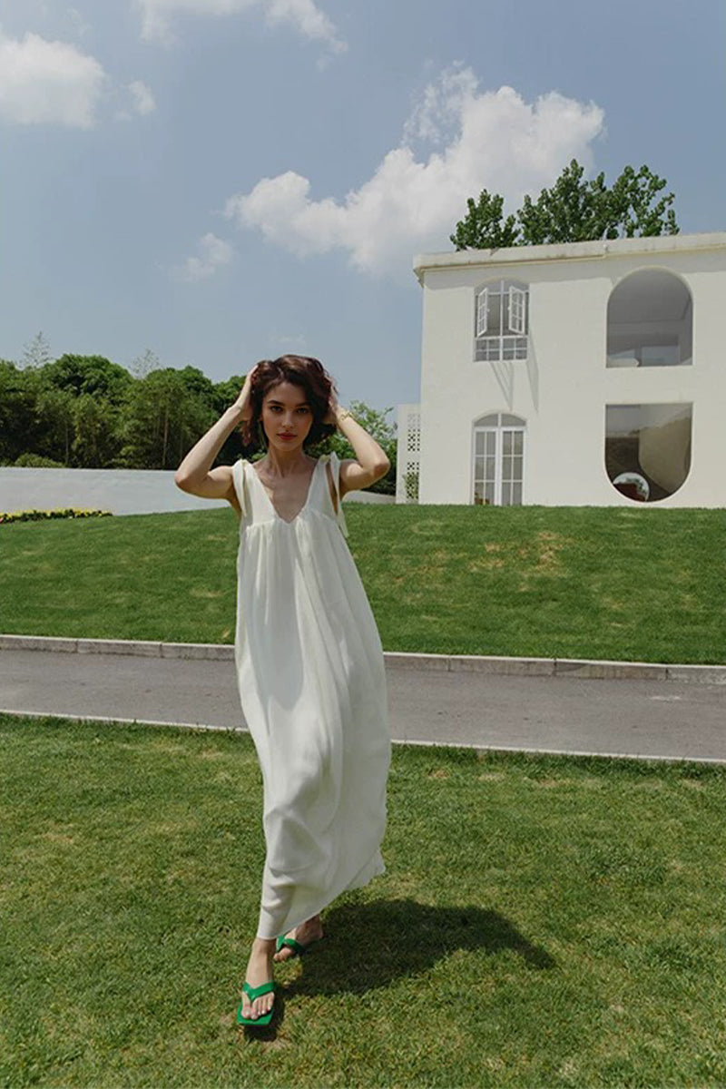 White V Neck Tie Strap Maxi Dress