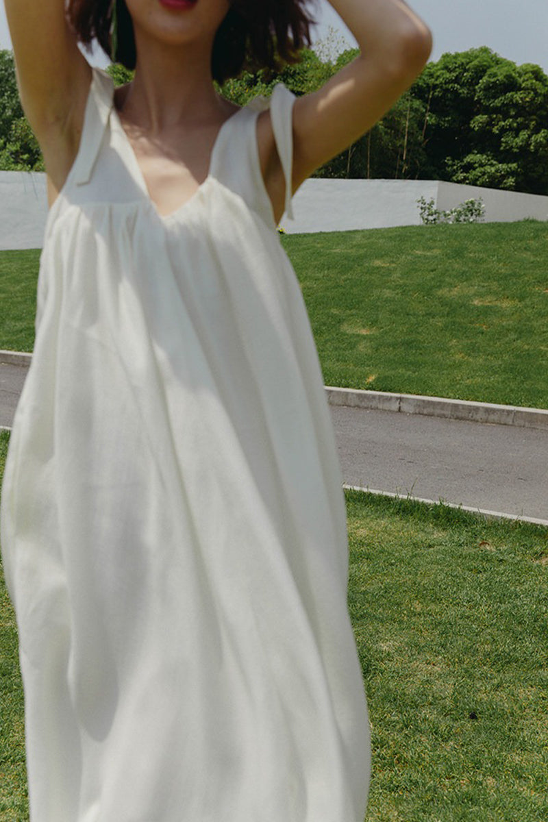 White V Neck Tie Strap Maxi Dress