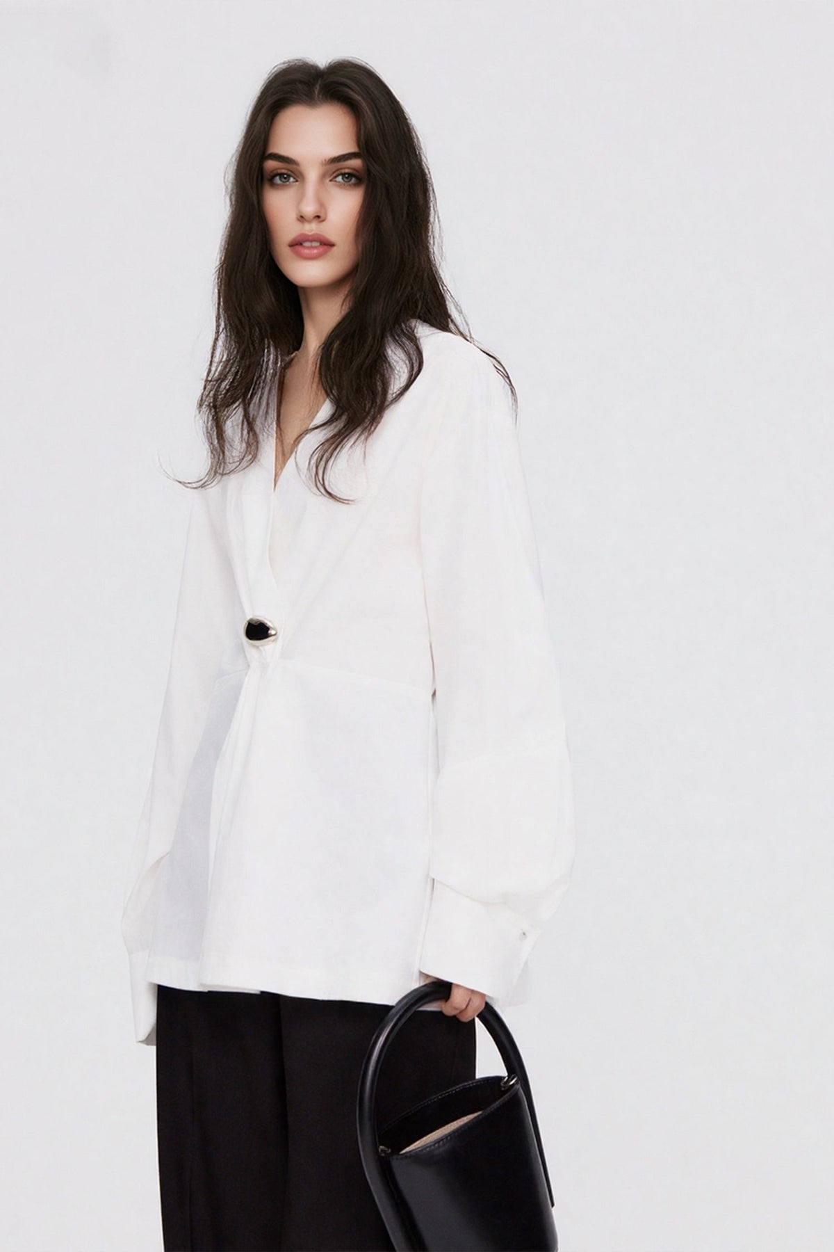 White V-Neck Twist Front Blouse with Metal Detail