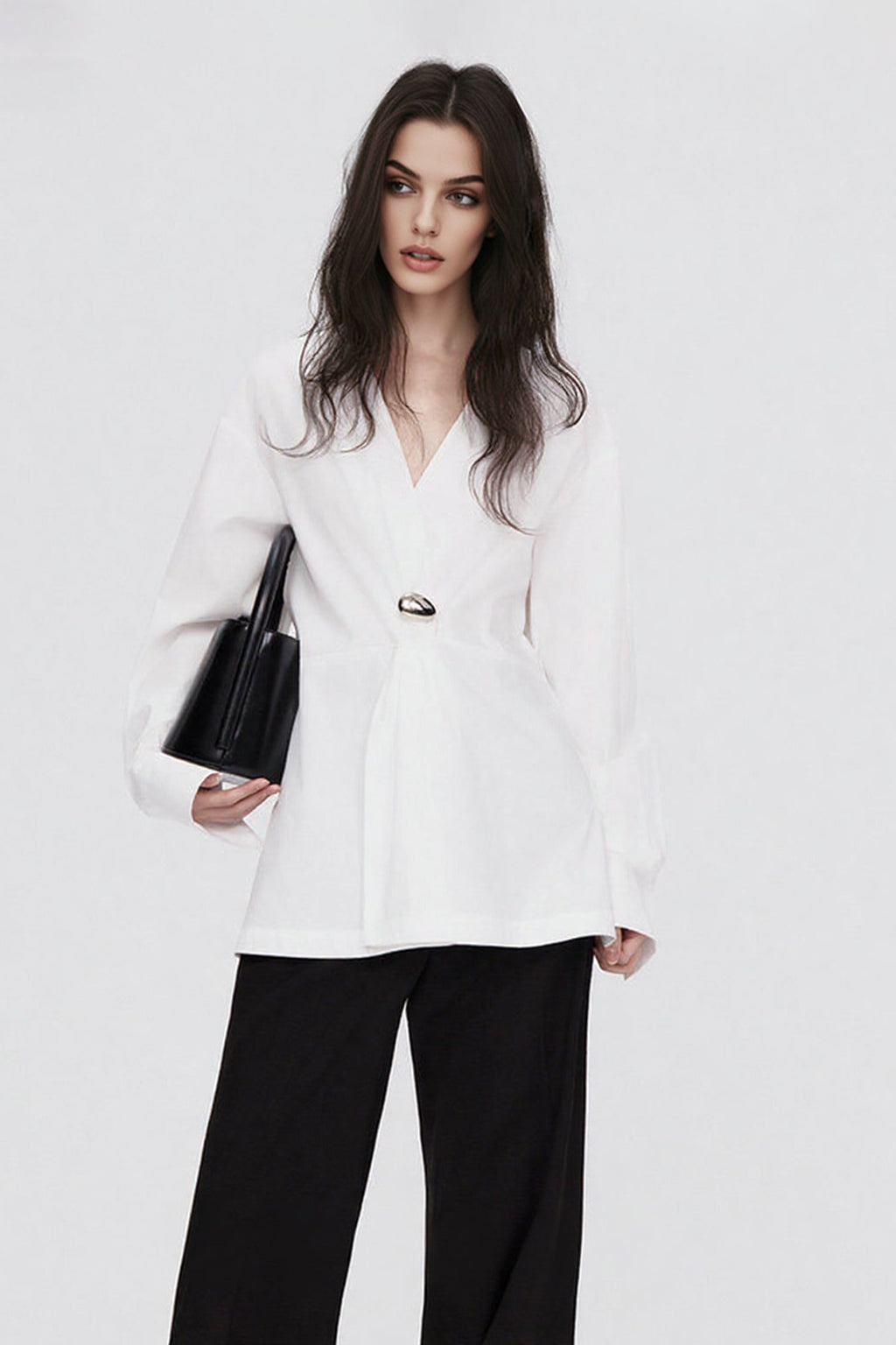 White V-Neck Twist Front Blouse with Metal Detail