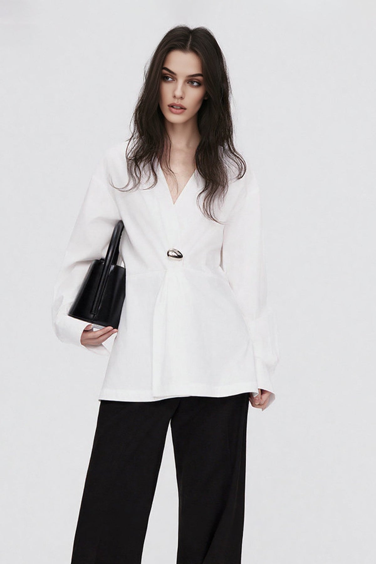 White V-Neck Twist Front Blouse with Metal Detail