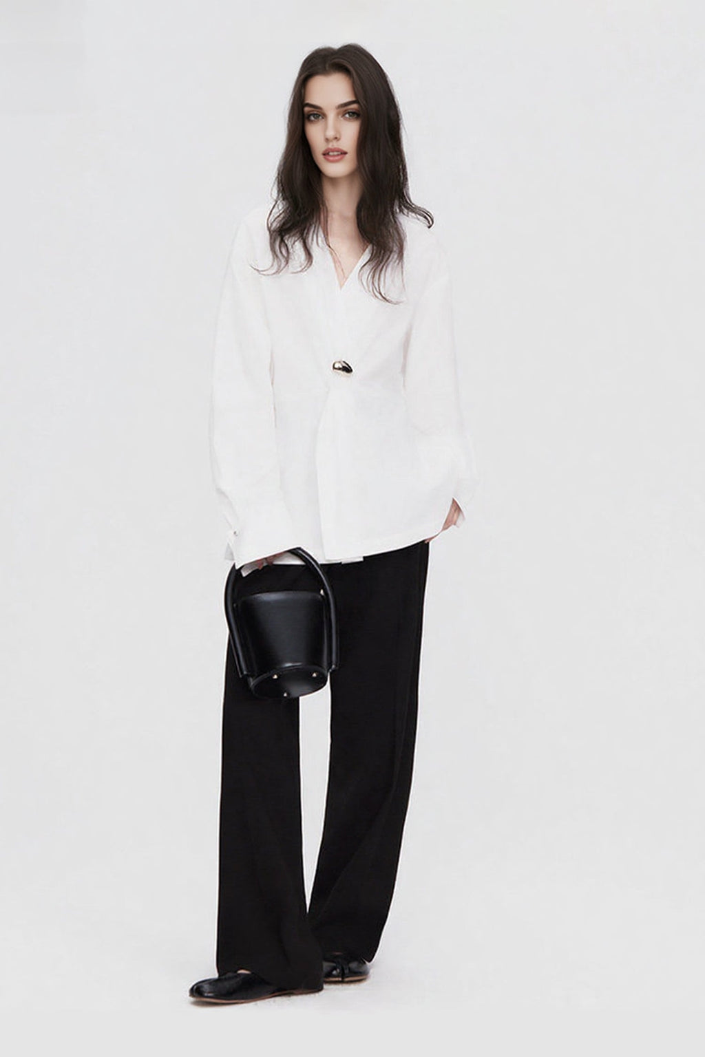 White V-Neck Twist Front Blouse with Metal Detail