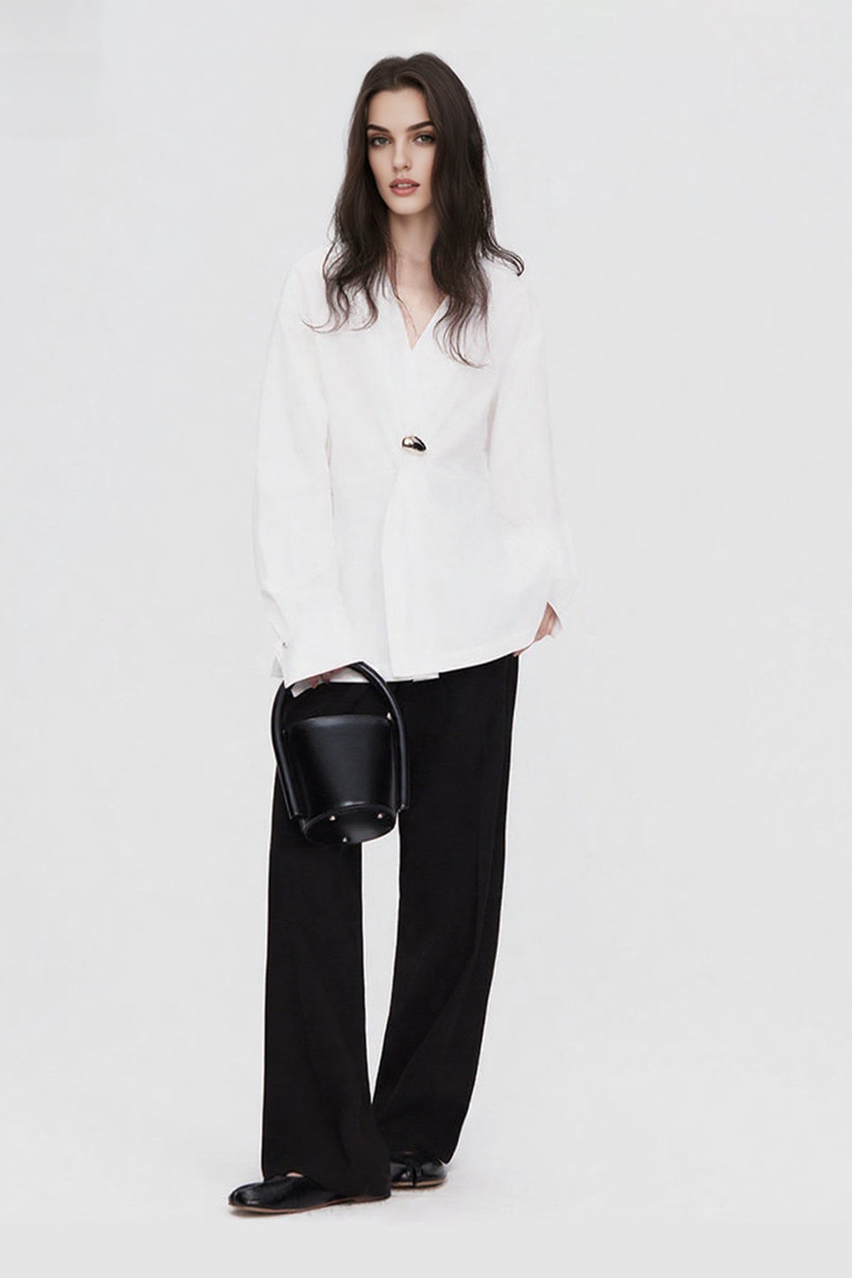 White V-Neck Twist Front Blouse with Metal Detail