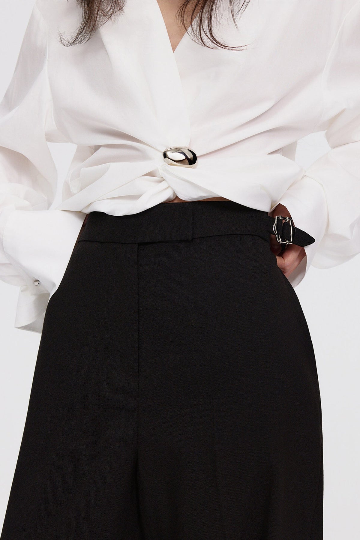 White V-Neck Twist Front Blouse with Metal Detail