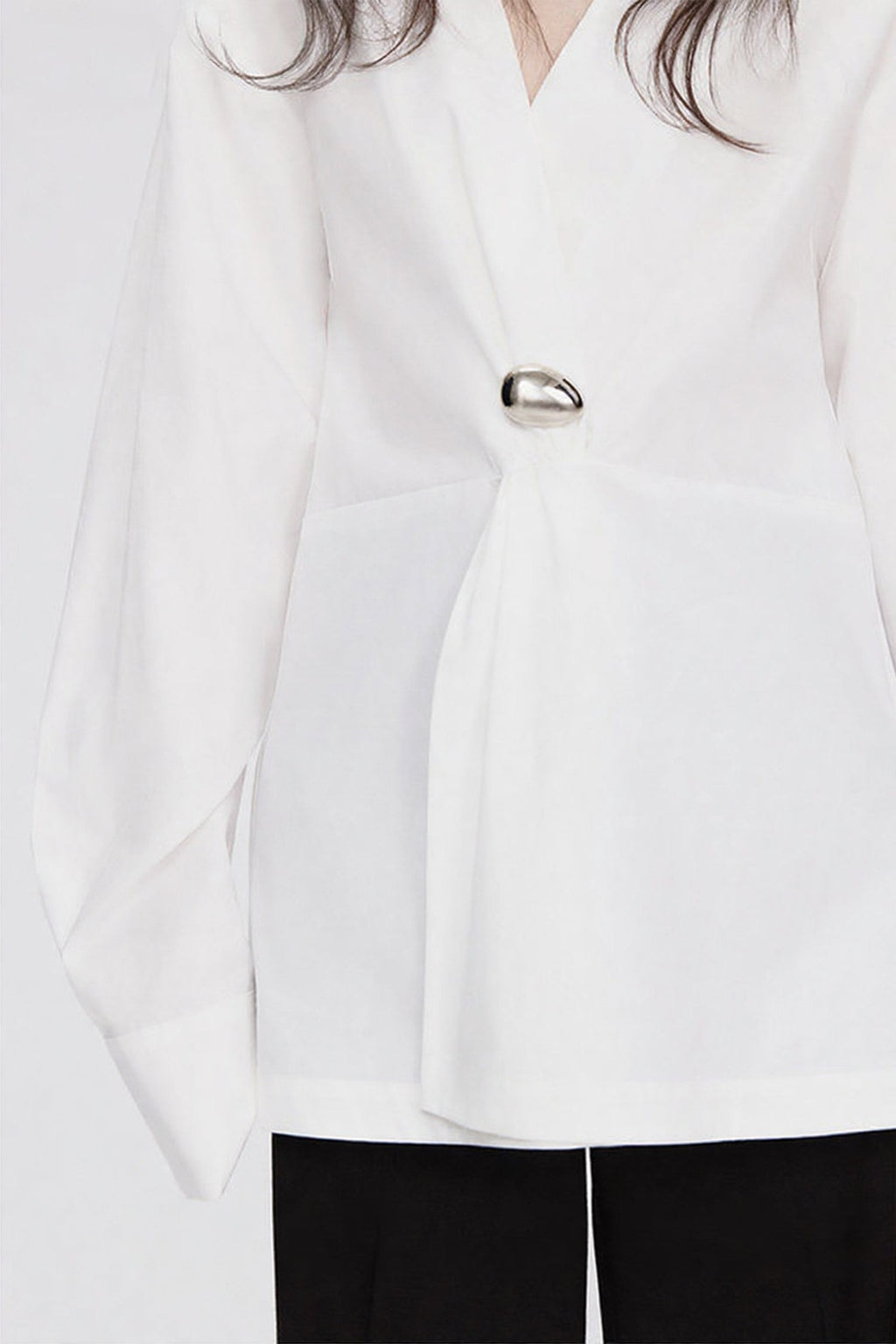 White V-Neck Twist Front Blouse with Metal Detail