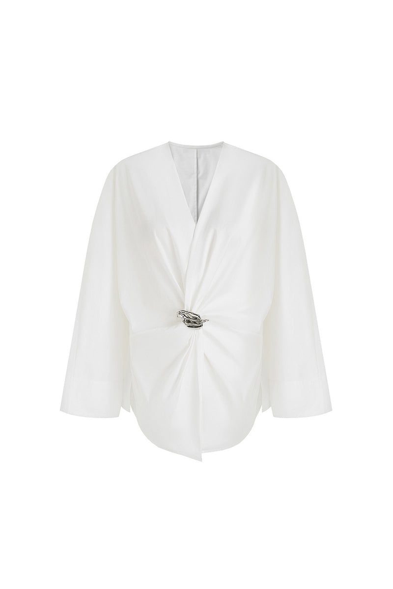 White V-Neck Twist Front Blouse with Metal Detail
