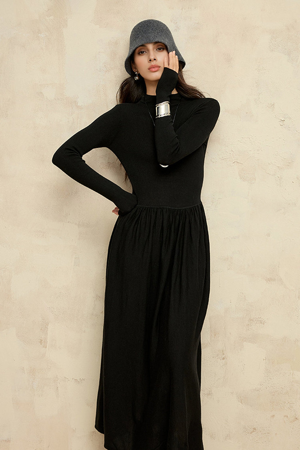 Wool Blend Long Sleeve Mock Neck Maxi Sweater Dress