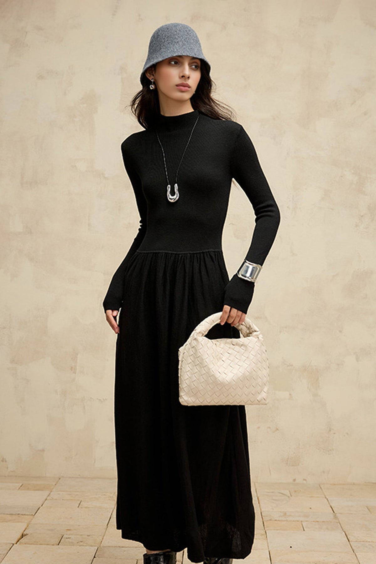 Wool Blend Long Sleeve Mock Neck Maxi Sweater Dress