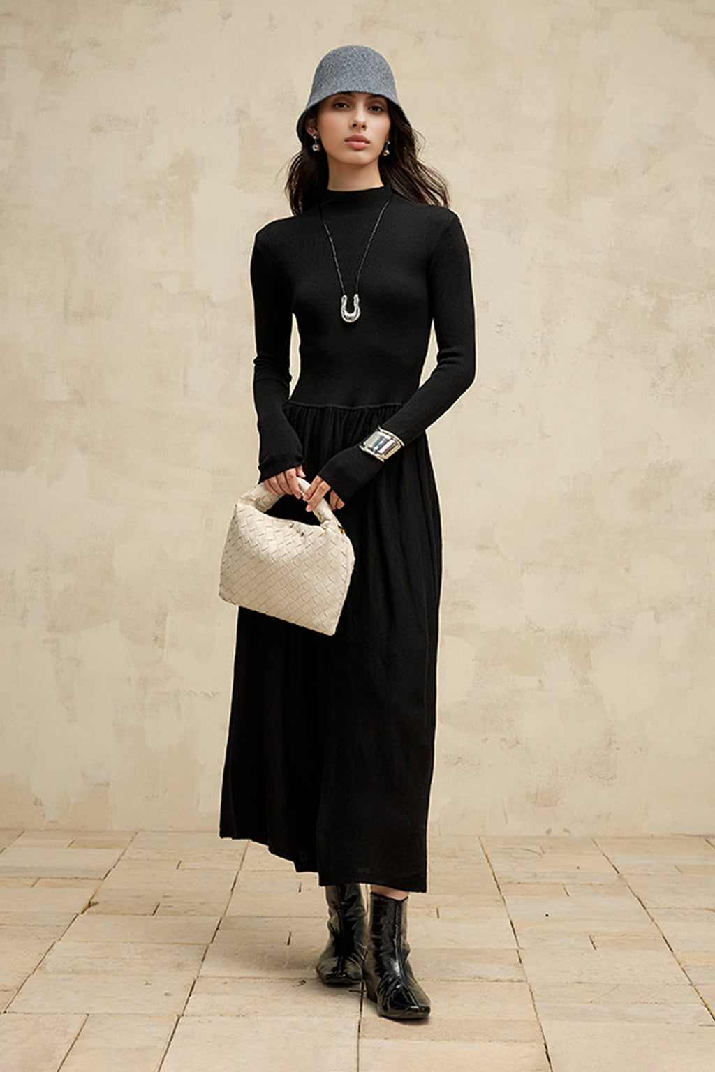 Wool Blend Long Sleeve Mock Neck Maxi Sweater Dress