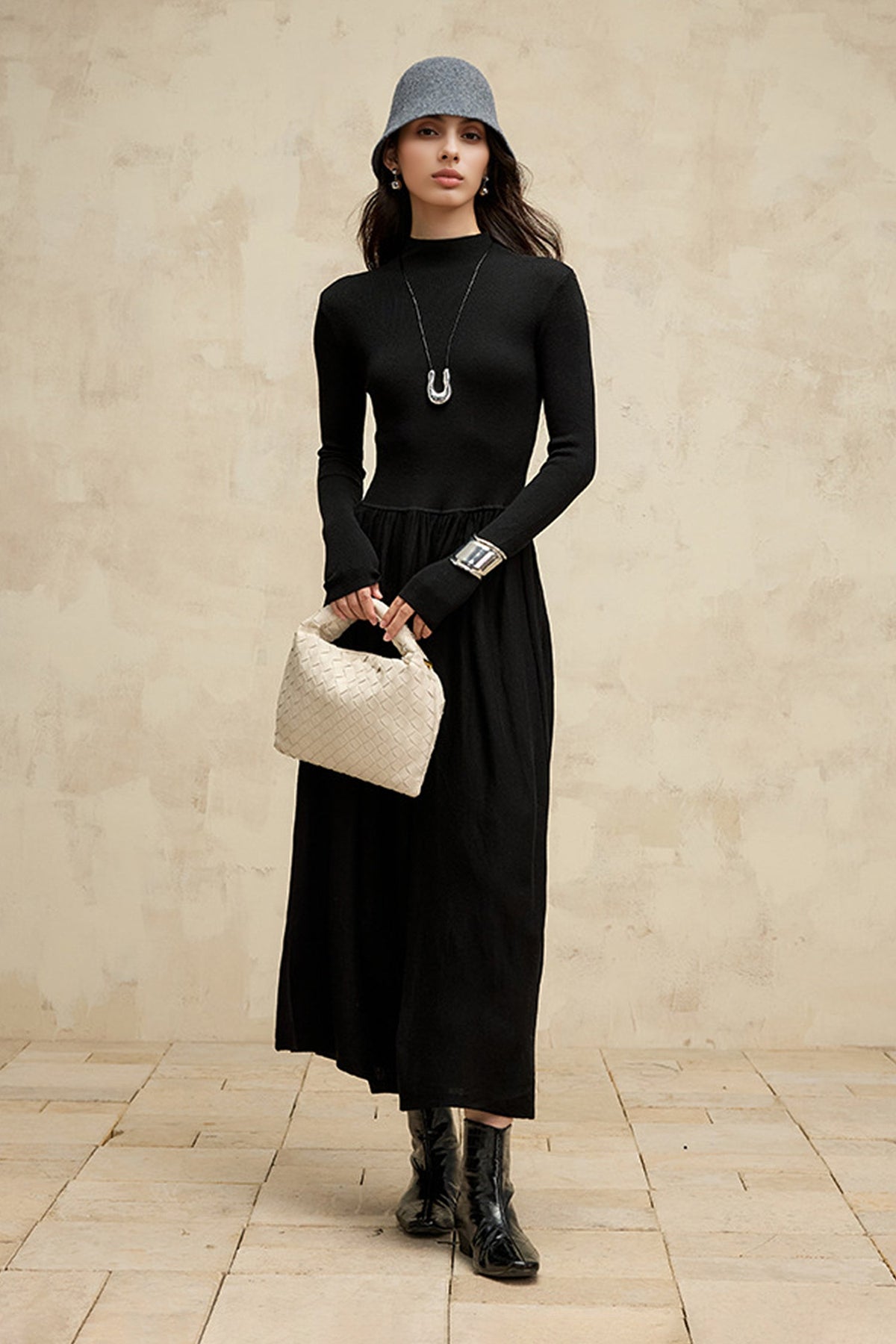 Wool Blend Long Sleeve Mock Neck Maxi Sweater Dress