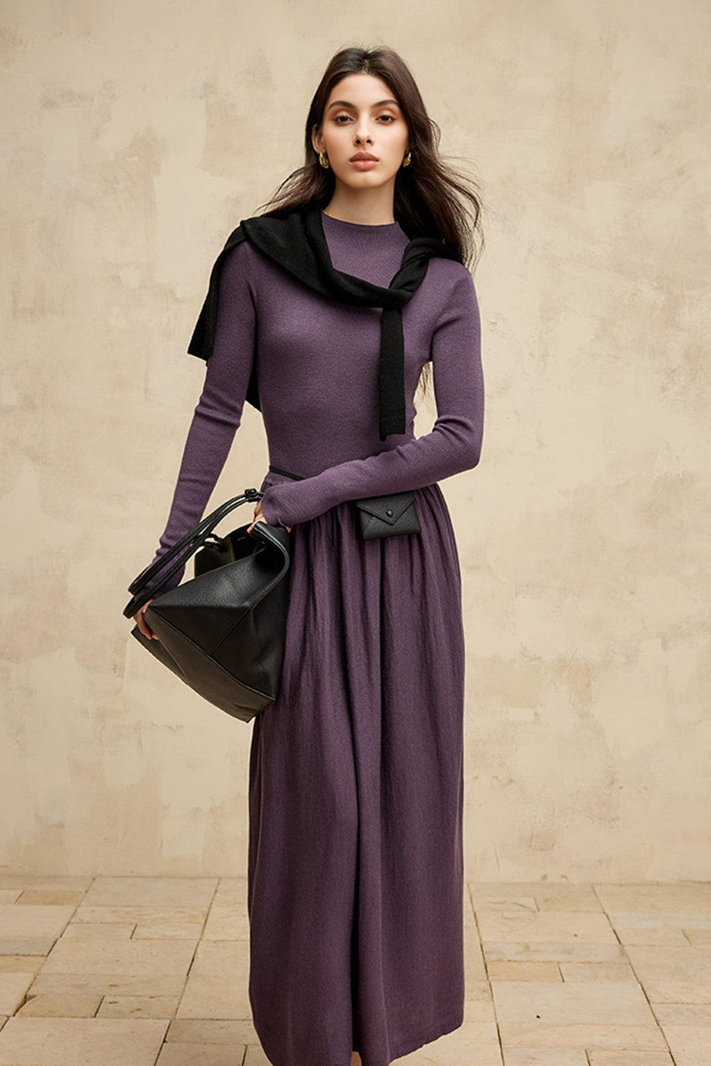 Wool Blend Long Sleeve Mock Neck Maxi Sweater Dress