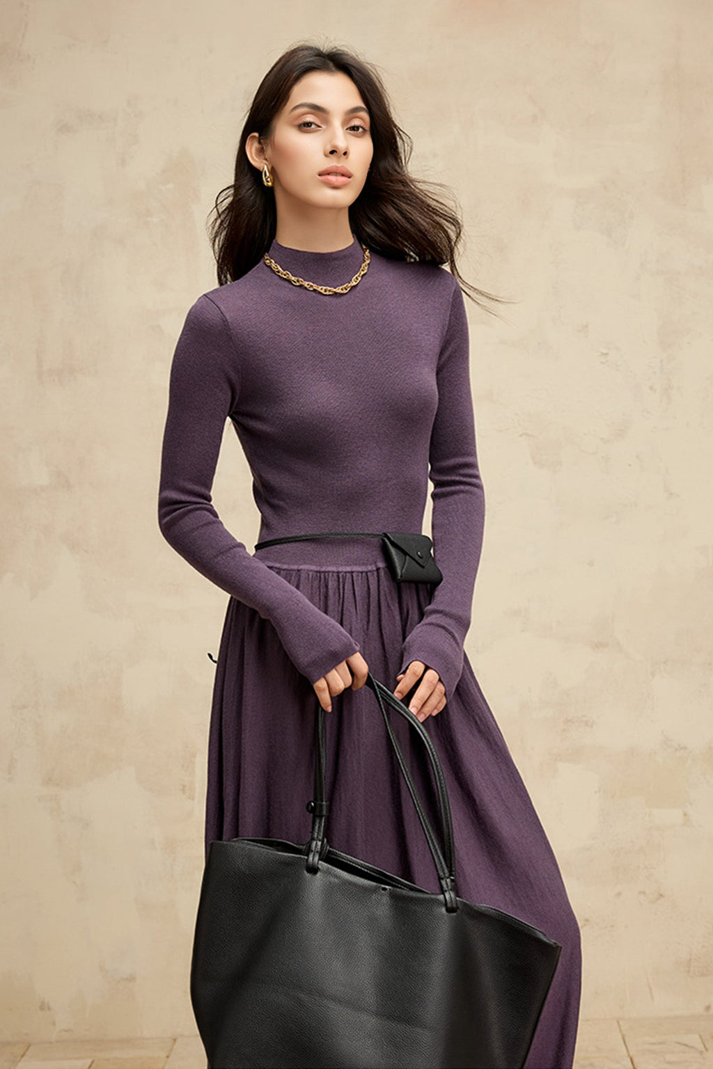 Wool Blend Long Sleeve Mock Neck Maxi Sweater Dress