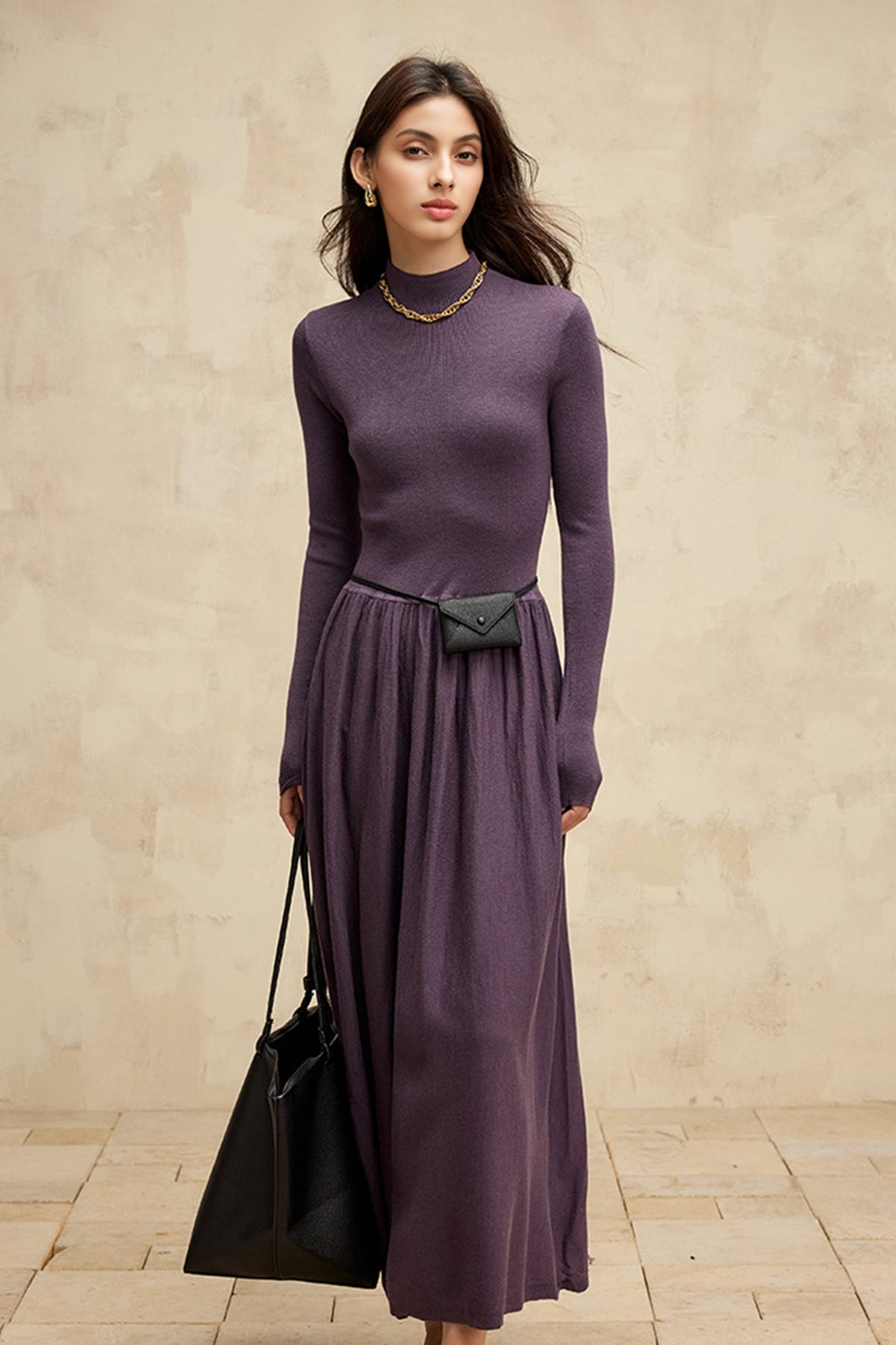 Wool Blend Long Sleeve Mock Neck Maxi Sweater Dress