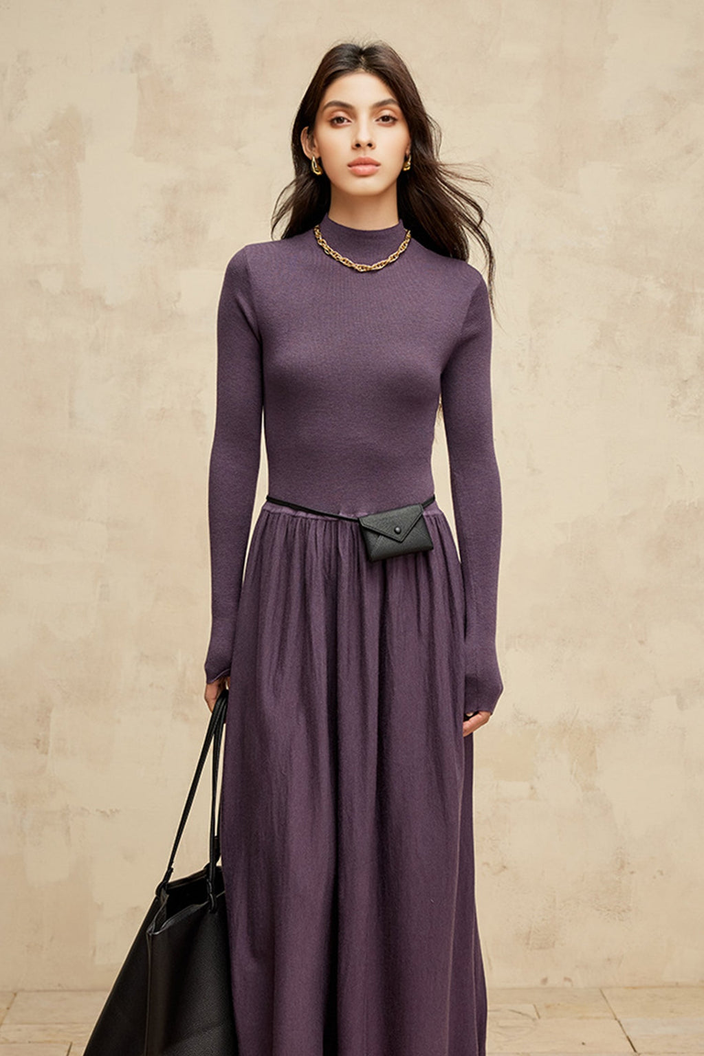 Wool Blend Long Sleeve Mock Neck Maxi Sweater Dress