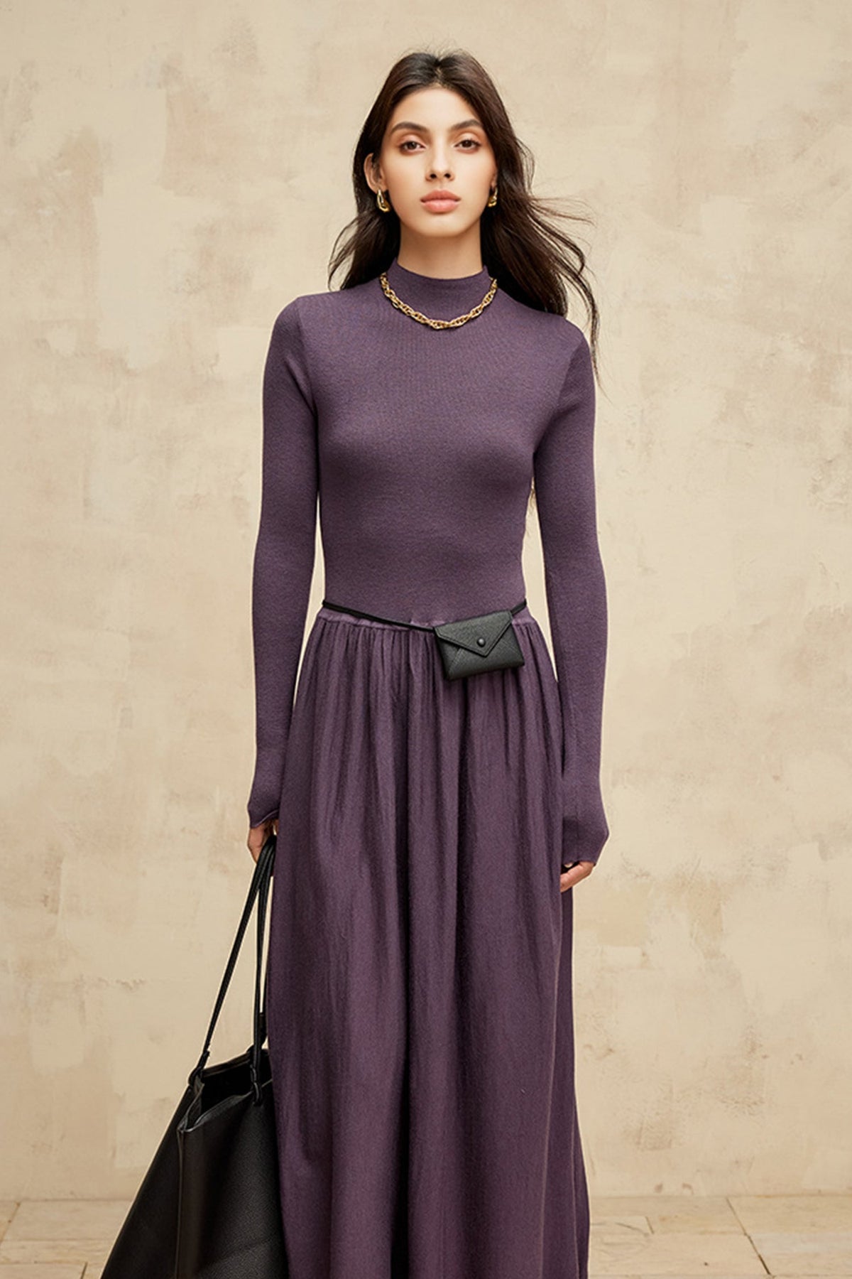 Wool Blend Long Sleeve Mock Neck Maxi Sweater Dress
