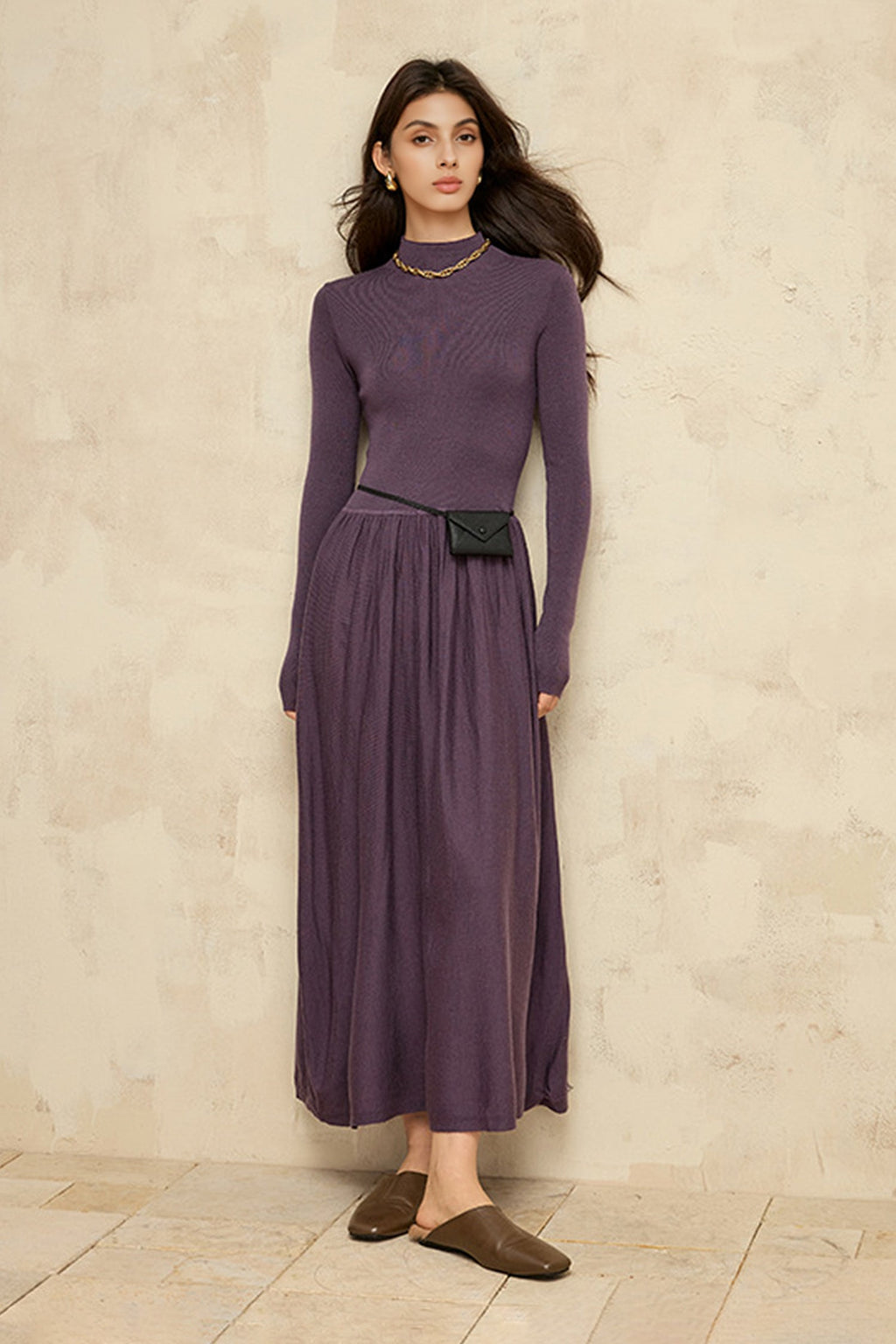 Wool Blend Long Sleeve Mock Neck Maxi Sweater Dress