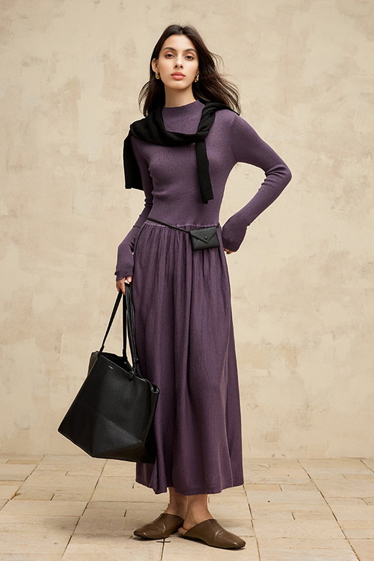 Wool Blend Long Sleeve Mock Neck Maxi Sweater Dress