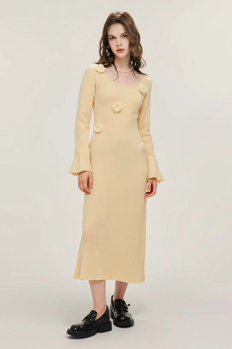 Yellow Floral Appliqué Long Sleeve Midi Sweater Dress