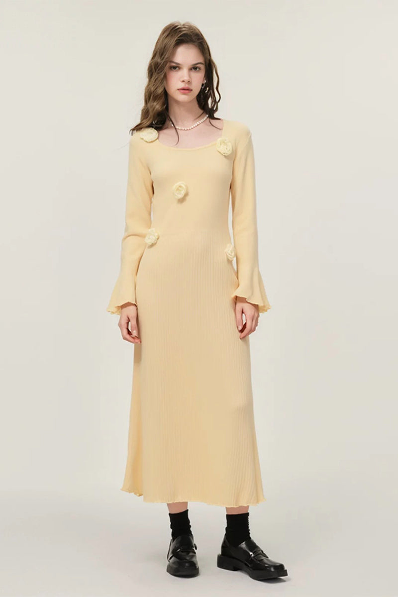 Yellow Floral Appliqué Long Sleeve Midi Sweater Dress