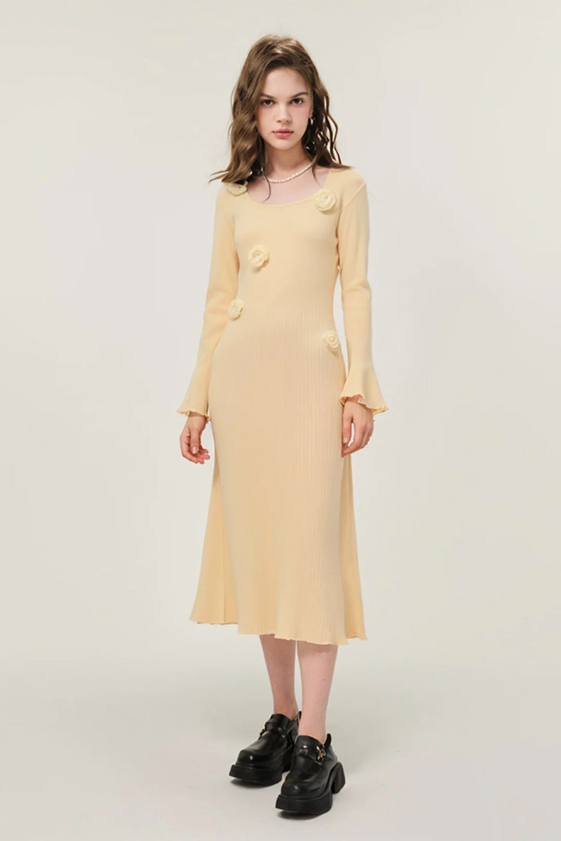 Yellow Floral Appliqué Long Sleeve Midi Sweater Dress