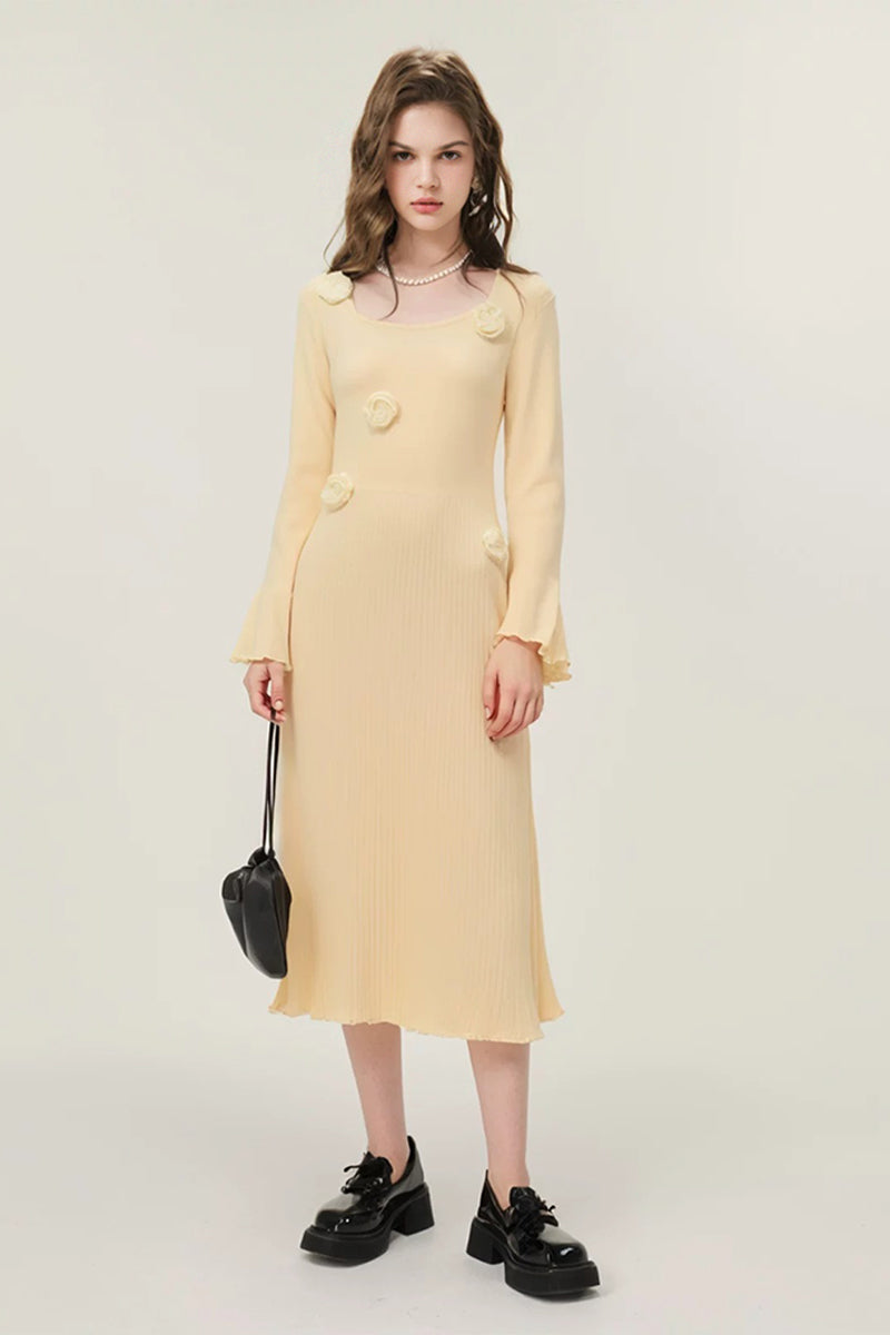Yellow Floral Appliqué Long Sleeve Midi Sweater Dress