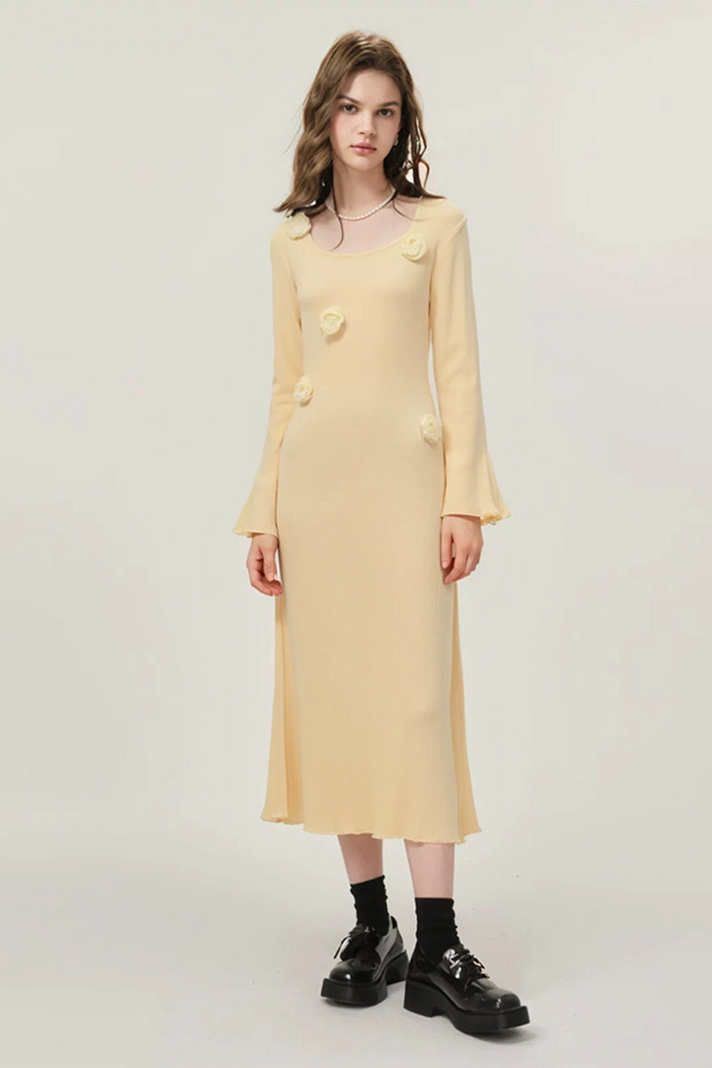 Yellow Floral Appliqué Long Sleeve Midi Sweater Dress