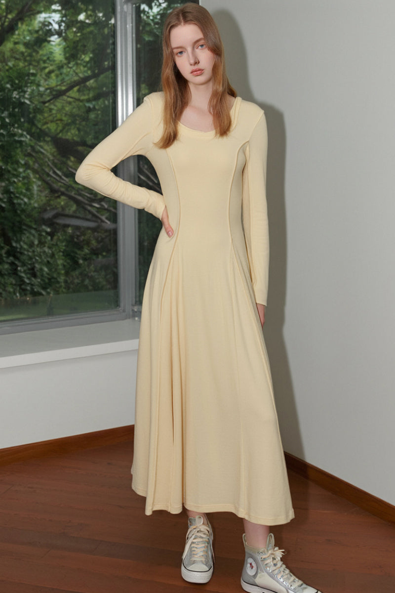 Yellow Stretch Long-Sleeve Scoop-Neck A-Line Maxi Dress