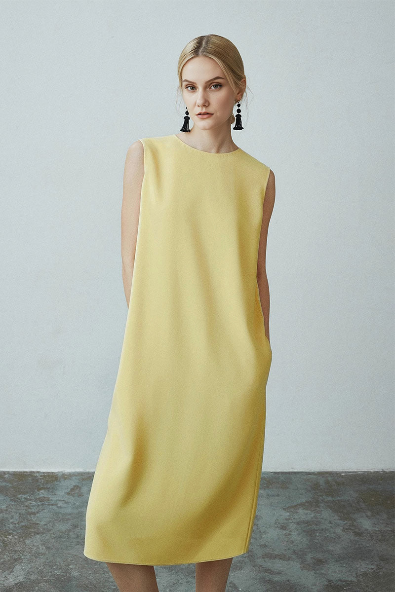 Yellow Triacetate-Blend Midi Shift Dress with Pockets