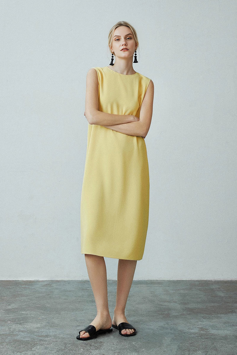 Yellow Triacetate-Blend Midi Shift Dress with Pockets