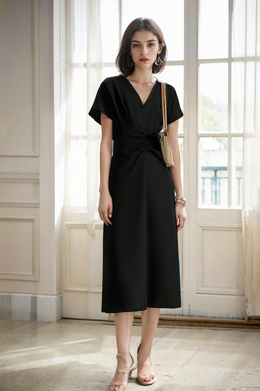 Yellow Triacetate V-Neck Gathered Waist Midi Dress
